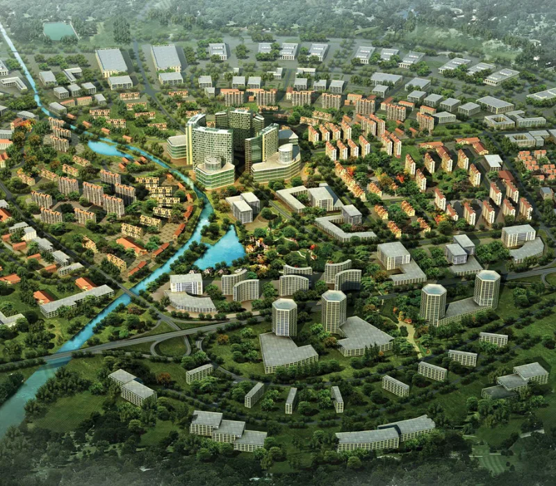 Aerial view architectural rendering of an expansive township designed by a leading real estate company in Kolkata, featuring integrated commercial buildings, residential hubs, and green landscapes.