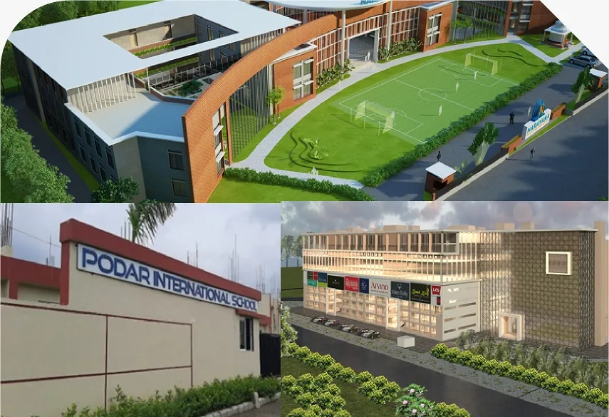 A collage showcasing institutional and commercial infrastructure developed by a premier real estate company in Kolkata, including a Podar International School campus with a green playground and a multi-story retail commercial building.