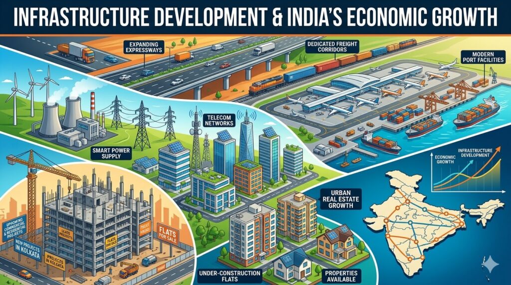 An infographic detailing mega infrastructure development in India and its impact on economic growth, illustrating freight corridors, advanced warehousing & storage, modern industrial parks India options, high-rise buildings targeted by India real estate agents, and commercial zones shaping the hospitality future.