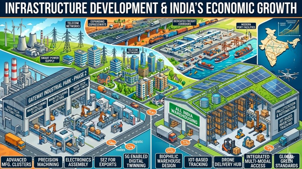 Illustrated infographic showcasing infrastructure development in India, featuring smart cities, industrial parks, renewable energy projects, highways, ports, logistics hubs, warehousing & storage facilities, manufacturing units, and commercial real estate developments driving economic growth and modernization across the country.