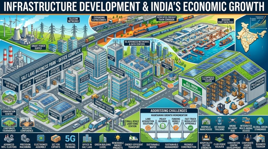 Detailed infographic depicting infrastructure development in India, featuring smart urban centers, transportation corridors, renewable energy projects, ports, manufacturing facilities, industrial parks India, and modern warehousing & storage hubs that support economic growth and industrial expansion.