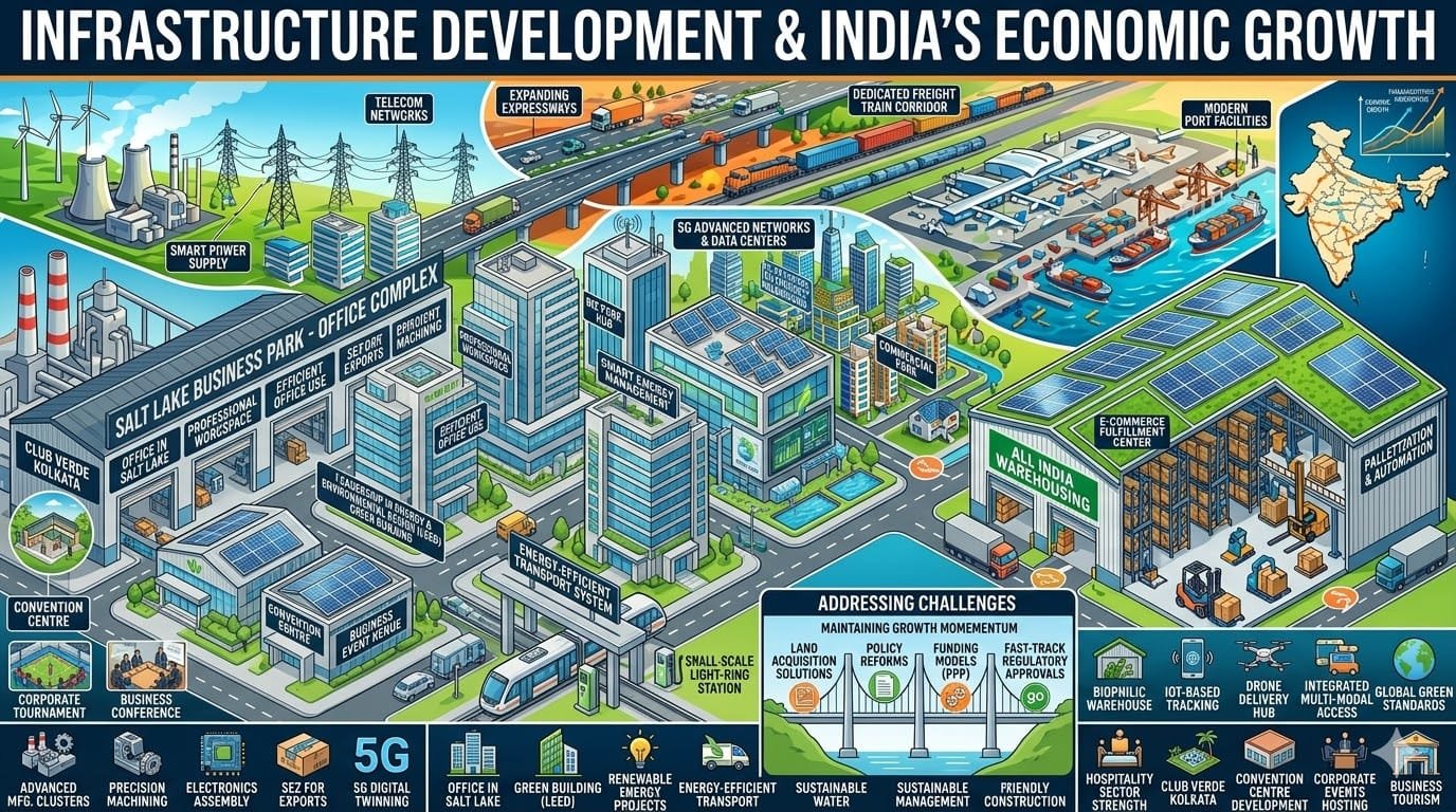 Detailed infographic depicting infrastructure development in India, featuring smart urban centers, transportation corridors, renewable energy projects, ports, manufacturing facilities, industrial parks India, and modern warehousing & storage hubs that support economic growth and industrial expansion.