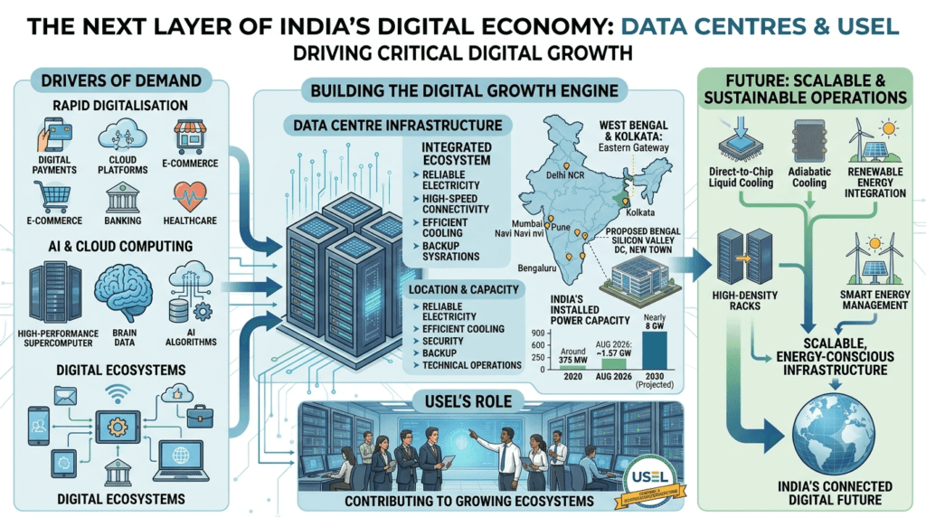 Data Centre Infrastructure in India: Driving Critical Digital Growth." The image is divided into four key sections: drivers of demand (digital payments, AI, cloud), an integrated ecosystem map showing India's market growth from 2020 to 2030, USEL's role in Bengal Silicon Valley, and sustainable future technologies like liquid cooling and renewable energy integration.