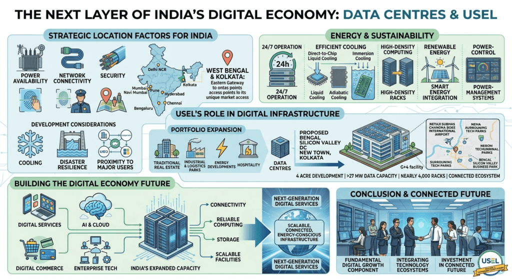 An informational infographic titled "The Next Layer of India's Digital Economy: Data Centres & USEL." The top left section, "Strategic Location Factors for India," includes icons for power, network, and security, alongside a map showing key data center hubs and West Bengal/Kolkata as an Eastern Gateway. Adjacent to it, "Energy & Sustainability" highlights 24/7 operations, various efficient cooling technologies (liquid, adiabatic, immersion), high-density computing, and renewable energy integration. The central panel details "USEL's Role in Digital Infrastructure," outlining portfolio expansion from real estate into data centers and specifically illustrating the Proposed Bengal Silicon Valley DC in Kolkata with a map, specs (>27 MW data capacity), and rendering of the G+4 facility. The bottom left, "Building the Digital Economy Future," uses a workflow to connect digital services, AI, and commerce to "India's Expanded Capacity" and a connected ecosystem. Finally, the "Conclusion & Connected Future" on the bottom right shows a diverse team of professionals in a control room, with a USEL logo and text about integrating tech ecosystems.