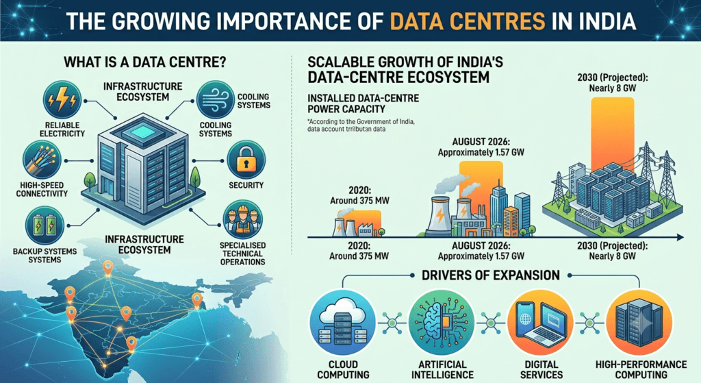 Infographic on data centre infrastructure in India detailing facility requirements, power capacity expansion from 2020 to 2030, and core growth drivers like AI and cloud computing.